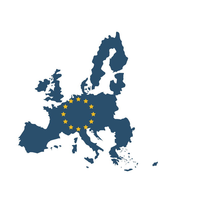 Map of Europe in dark blue with yellow stars, representing the European Union.