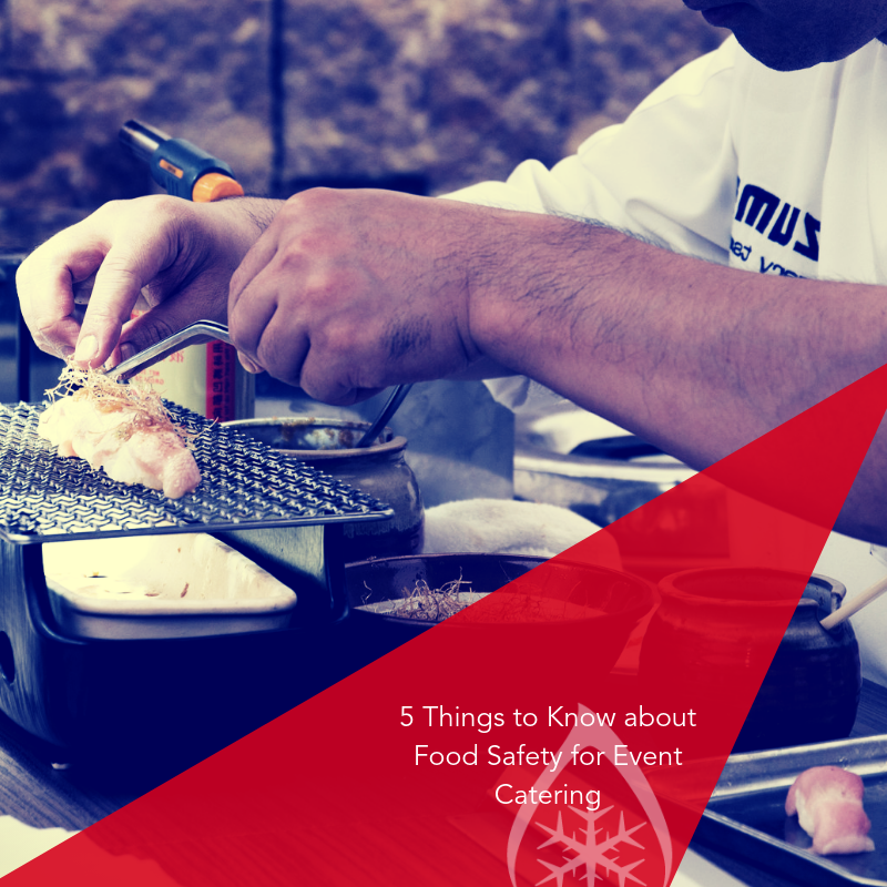 A person in a white shirt carefully handles food on a grill, with a red triangular overlay.