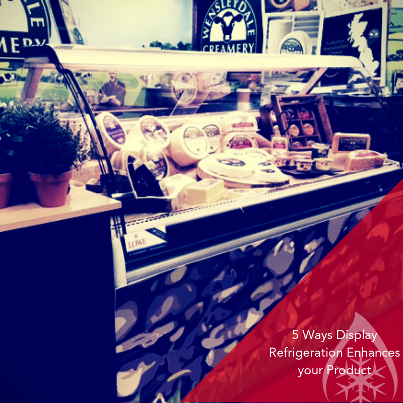 Display refrigeration unit showcasing various cheeses and desserts, with a wooden texture and vibrant colours.