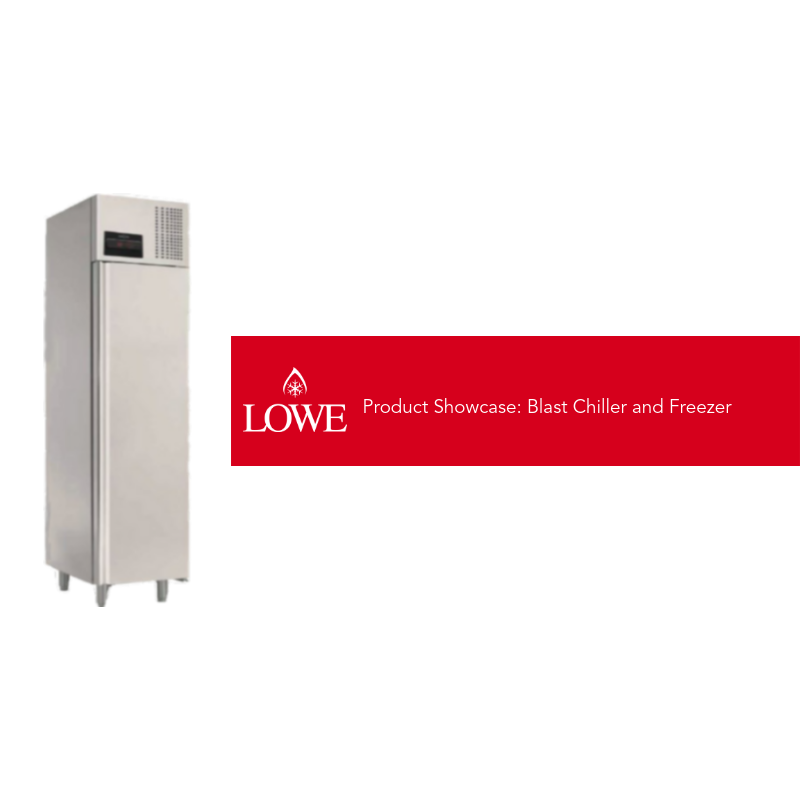 Stainless steel blast chiller and freezer with a red branding panel displaying "Lowe" logo.