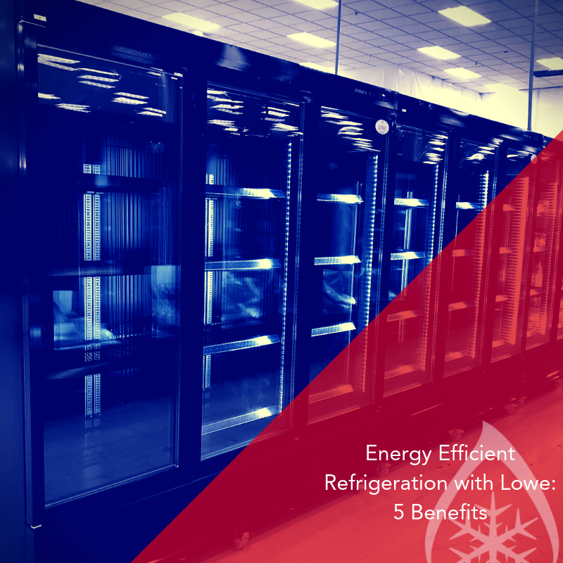 Energy-efficient refrigeration units in blue and silver, highlighted by a red triangular overlay with text.