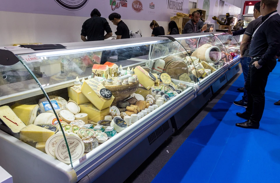 A display case filled with various cheeses, featuring yellow, white, and blue textures, at an exhibition.