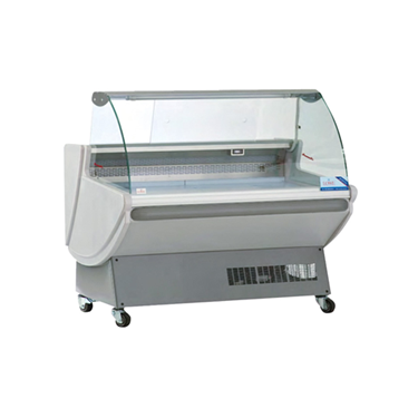 Serve-over counter with a glass display, featuring a white and grey design, on wheels.