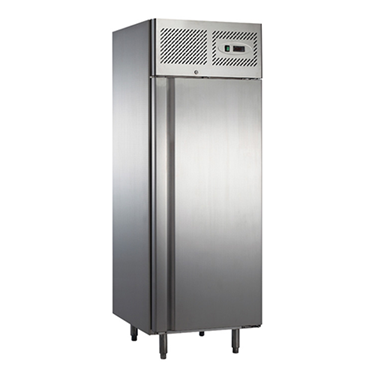 Stainless steel single door upright chiller with digital display and ventilation grille on top.