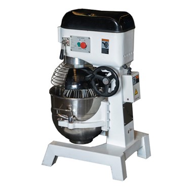 White stand mixer with a stainless steel bowl and black accents, featuring control buttons on the front.