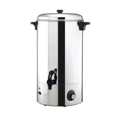 Polished stainless steel urn with a black handle and tap, designed for heating beverages.