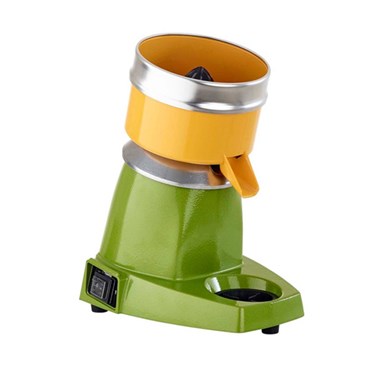 A green and yellow kitchen appliance designed for food preparation, featuring a cylindrical top and spout.