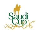 Logo for the Saudi Cup featuring green text and a gold silhouette of a horse and rider.
