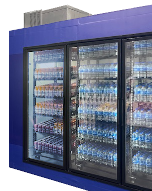 Refrigerated display unit filled with various drinks, featuring blue and silver packaging against a purple background.