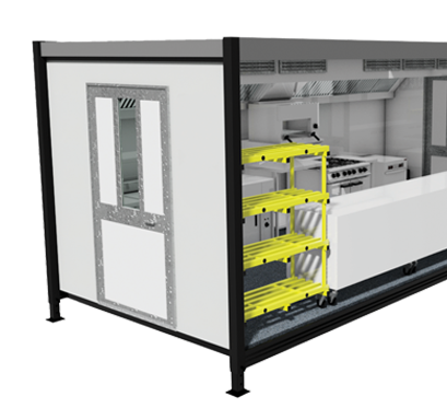 Modular kitchen unit featuring a white exterior, black frame, and yellow storage shelves.