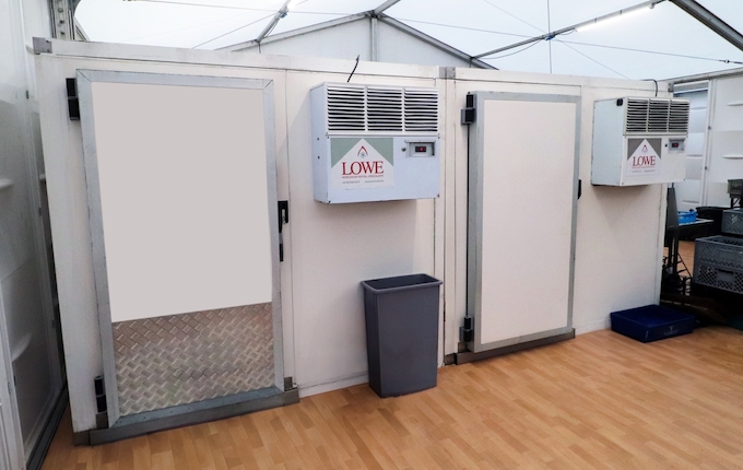 Modular cold rooms inside a marquee