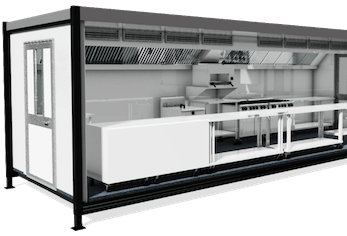 Temporary kitchen setup featuring white cabinetry and stainless steel appliances against a black frame.