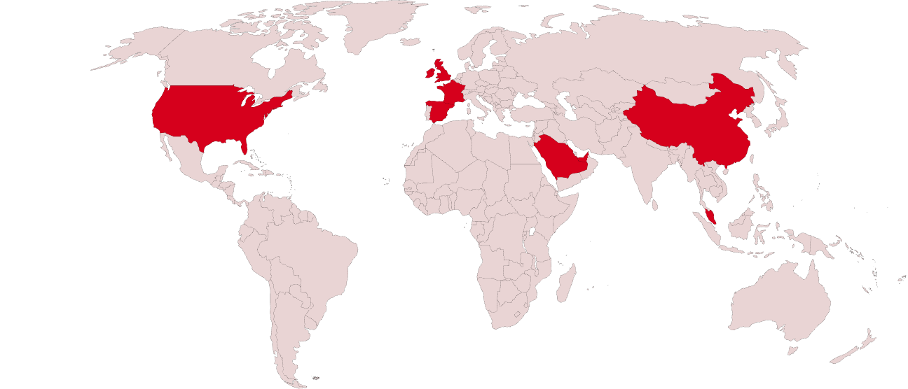 World map highlighting regions in red, with a light pink background, indicating specific areas of interest.