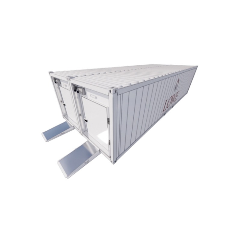 Two-bay cold store container, featuring a white exterior and open sliding doors.