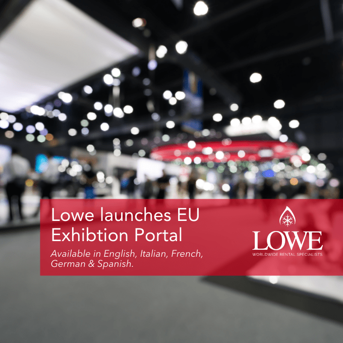Lowe Rental's European Exhibitor Portal launch, featuring a blurred background with bright lights and red branding.