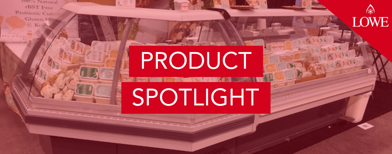 Red text on a white background reads "PRODUCT SPOTLIGHT" above a display case with various products.