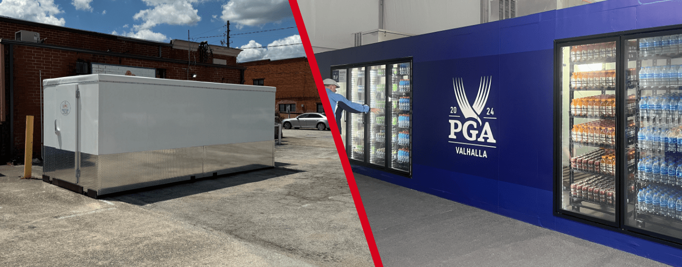 Cold storage units in grey and blue, showcasing versatile refrigeration options against a clear sky.