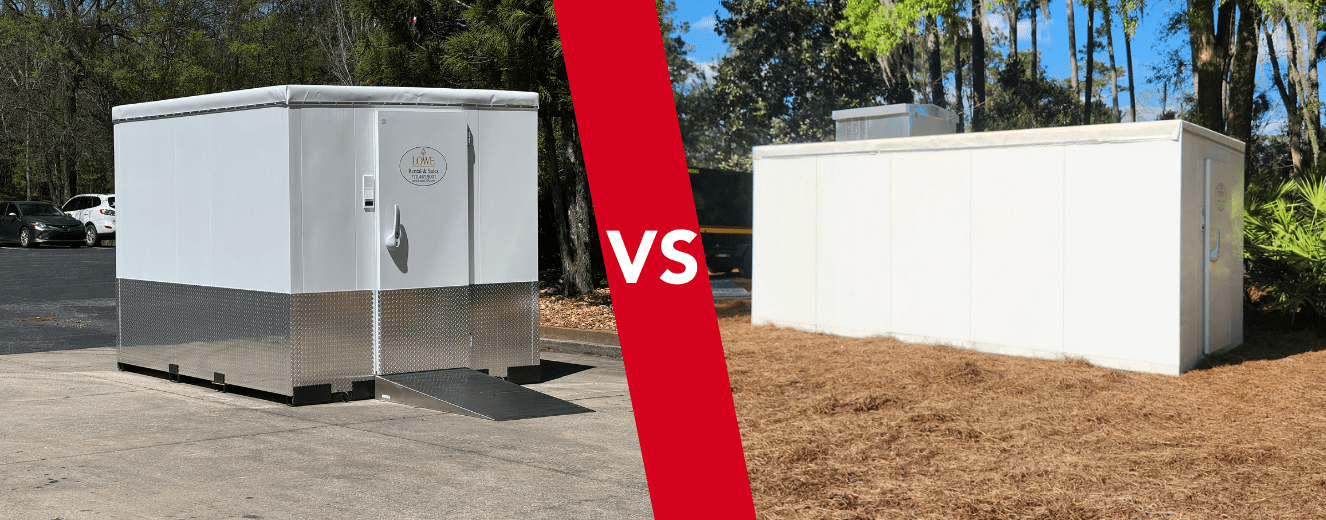Comparison of a ready-built cold room with a silver exterior and a modular cold room in a natural setting.