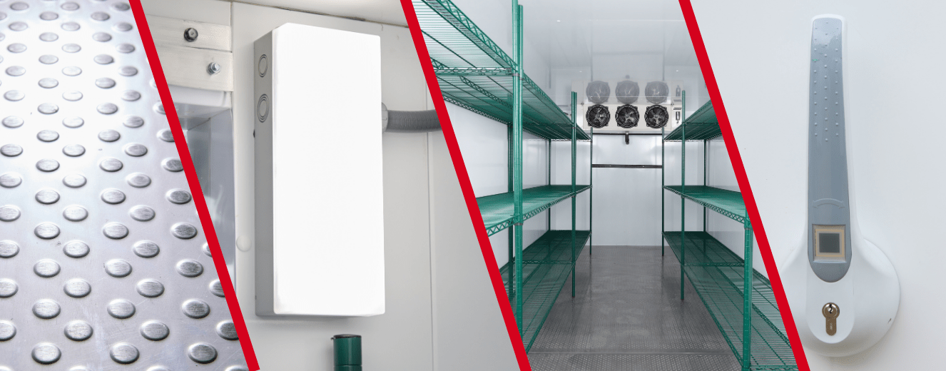 White safety equipment on the left, green shelving units on the right, with grey flooring.