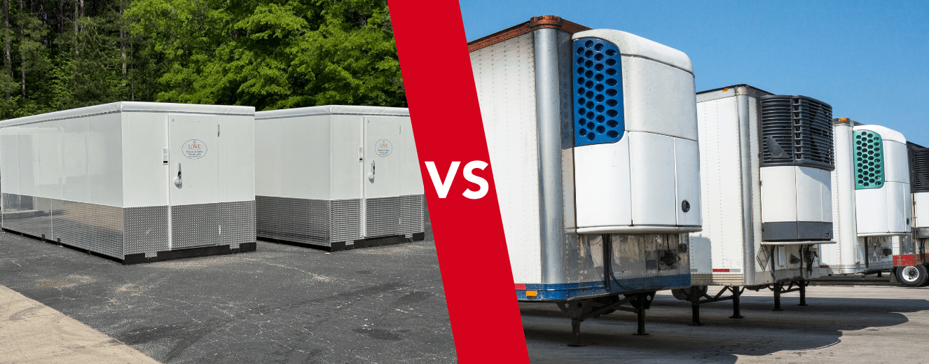 Walk-in cooler on the left, reefer trailer on the right, set against a clear blue sky.