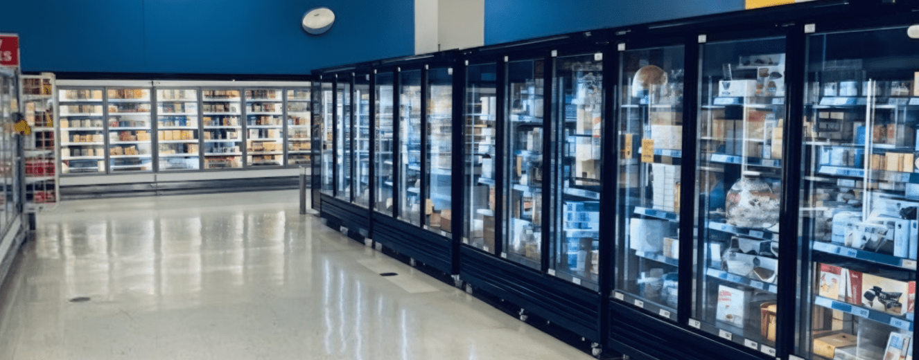 Black glass-fronted refrigeration units lined against a blue wall, showcasing various packaged products inside.