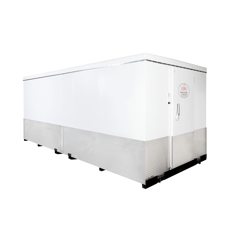 White ready-built storage unit with a metallic base, featuring a door on the side.