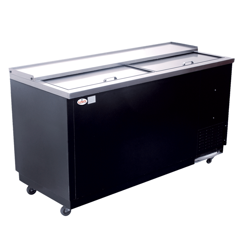 Black chest freezer with a stainless steel top, featuring two sliding glass lids.
