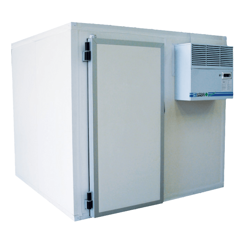Modular walk-in cold room, featuring a white exterior and an air conditioning unit on the side.