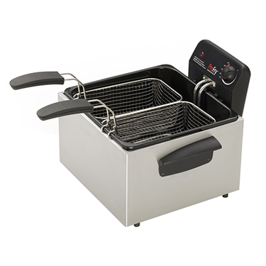 Stainless steel dual basket fryer with black handles and control panel, featuring two wire baskets.
