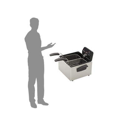 Stainless steel dual basket fryer with two black handles, accompanied by a grey silhouette of a person.