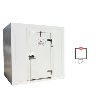White walk-in cooler/freezer with a single door and a circular logo on the front.