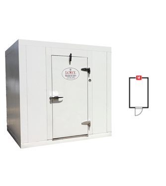 White walk-in cooler/freezer with a door, featuring a circular logo and a simple outline diagram.