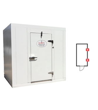 White walk-in cooler/freezer with a single door and a circular logo on the front.