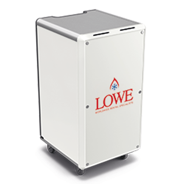 Multi-functional welcome desk unit in white with a grey top and red Lowe branding.