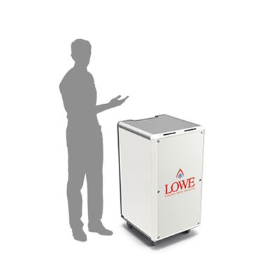 Multi-functional welcome desk unit in white, with a shadow of a person gesturing beside it.