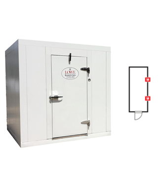 White walk-in cooler/freezer with a single door and a circular logo on the front.