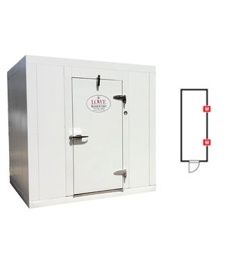 Walk-in cooler/freezer with a white exterior and a single door, accompanied by a schematic diagram.
