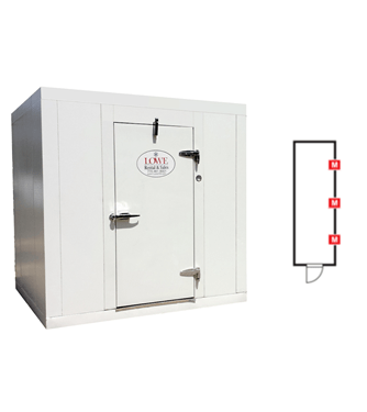 White walk-in cooler/freezer with a door and logo, accompanied by a side diagram.