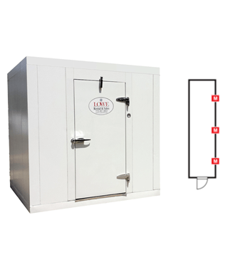 White walk-in cooler/freezer with a door, accompanied by a simple diagram of its layout.