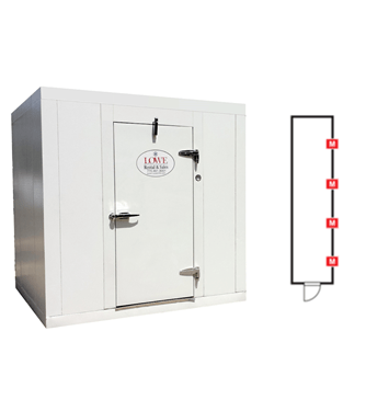 White walk-in cooler/freezer with a single door and a logo, accompanied by a schematic diagram.
