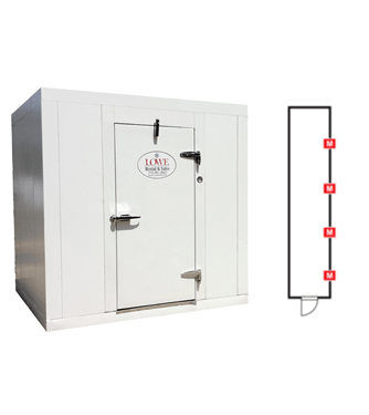 White walk-in cooler/freezer with a prominent door and logo, accompanied by a schematic diagram.