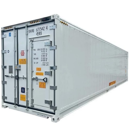 A large, white container with metal doors and safety markings, set against a plain background.