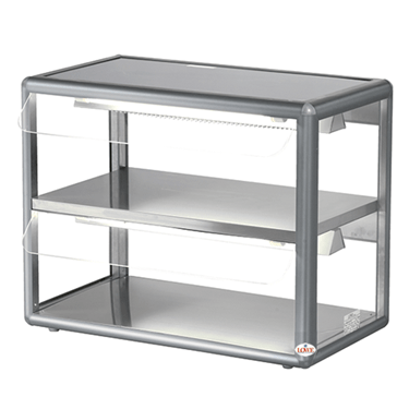 Countertop hot self-service display with a transparent acrylic front and silver metal frame.