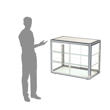 Silver self-serve countertop display with glass shelves, accompanied by a silhouette of a person.