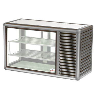 Countertop display freezer with a silver exterior and glass front, featuring three internal shelves.