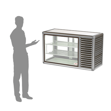 Countertop display freezer with a stainless steel finish and transparent glass front, beside a silhouette of a person.