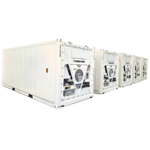 Four white containerised rooms with visible cooling units, arranged in a row against a plain background.