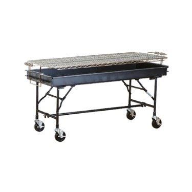 Charcoal grill with a metallic surface and black frame, featuring wheels for mobility.