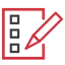 Red checklist icon with a pencil, featuring three empty boxes on a green background.