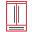 Red and grey refrigerator with double doors, displayed against a neutral background for event rentals.